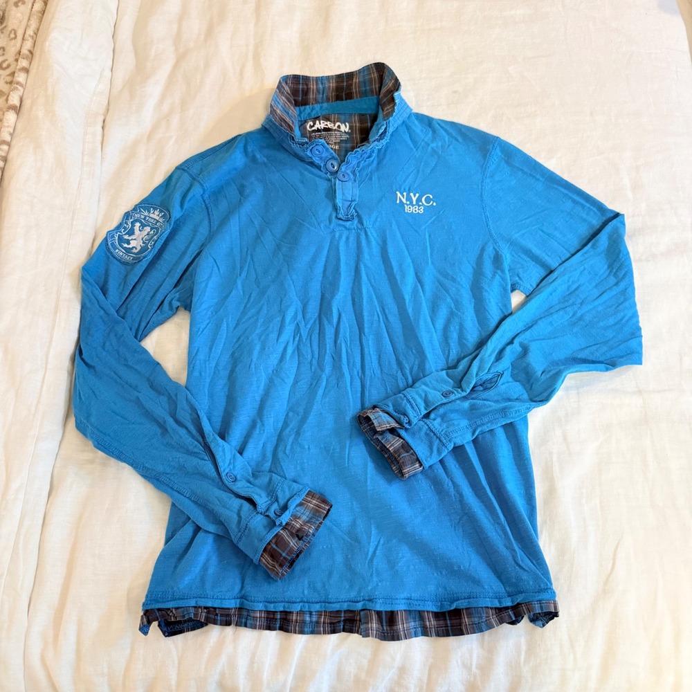 Carbon Mens Blue Long Sleeve Henley Shirt Plaid Trim NYC 1983 Graphic Large